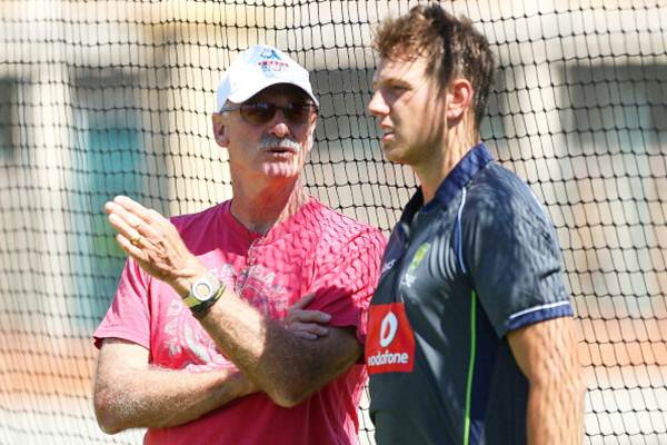 Dennis Lillee talks with James Pattinson during an Australian One Day International training session at WACA on January 30, 2013 in Perth, Australia