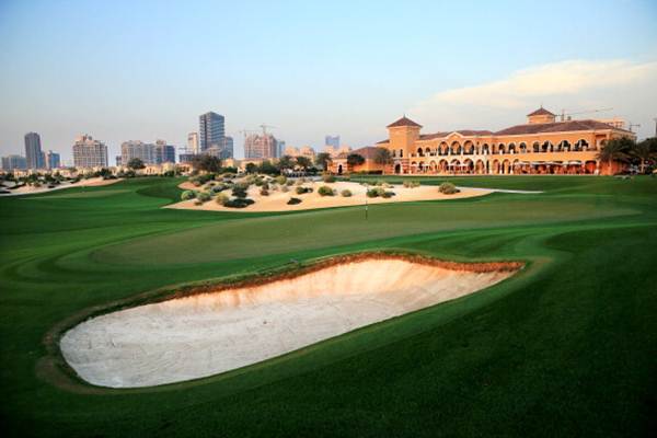 The green on the par 5, 18th hole at the Els Club in Dubai, United Arab Emirates