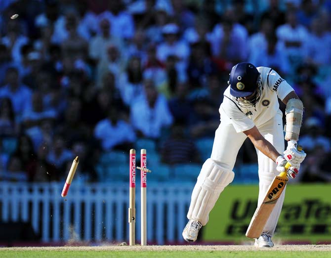 VVS Laxman is bowled by James Anderson during the fourth Test match at the Oval in London, on August 21, 2011.