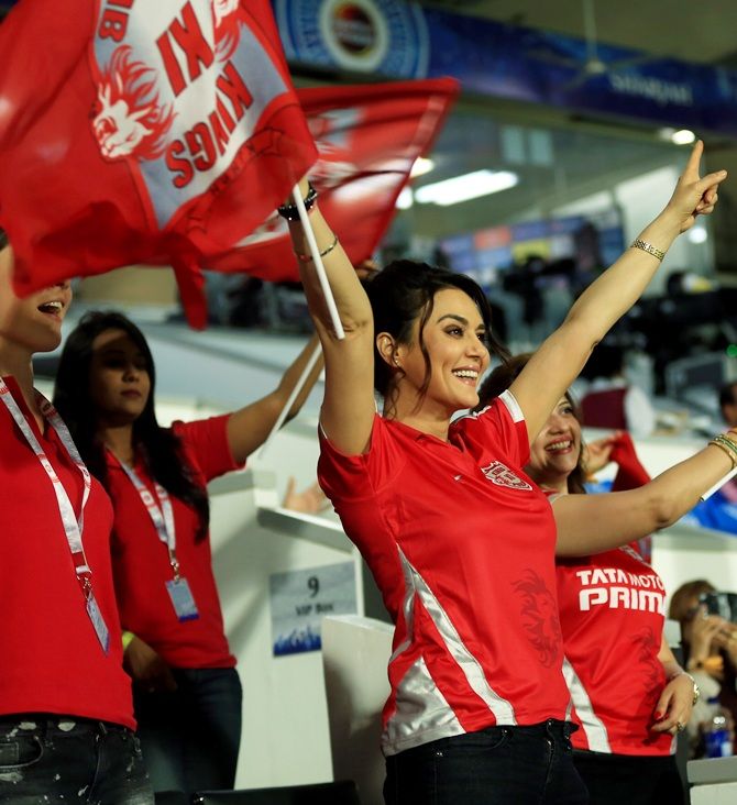 Kings XI Punjab co-owner Preity Zinta cheers for her team during an IPL match.