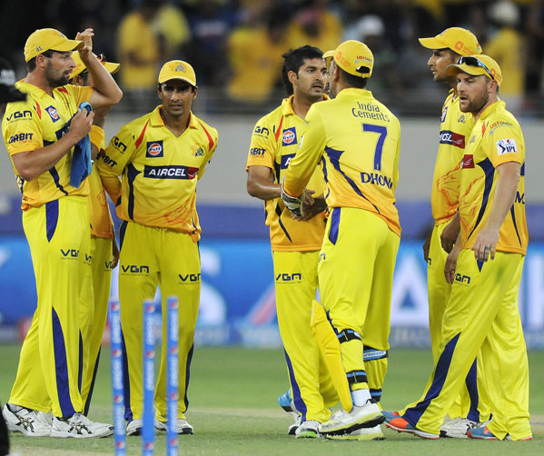 Mohit Sharma of Chennai Super Kings celebrates a wicket with teammates