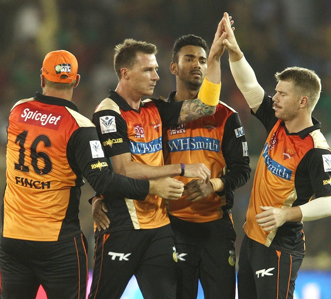 Sunrisers Hyderabad players celebrate a wicket