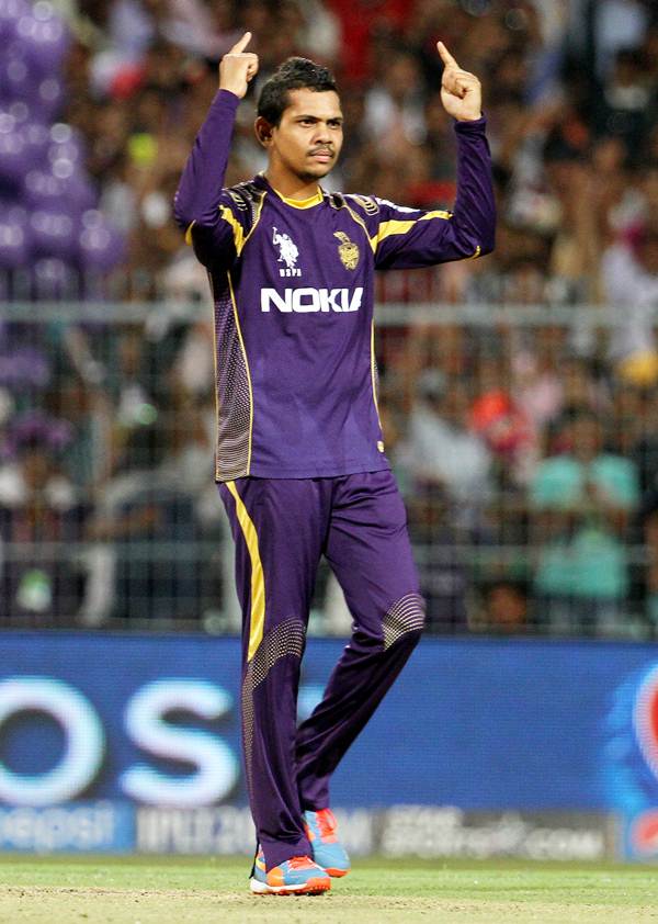 Sunil Narine exults after claiming his fourth wicket of the match.