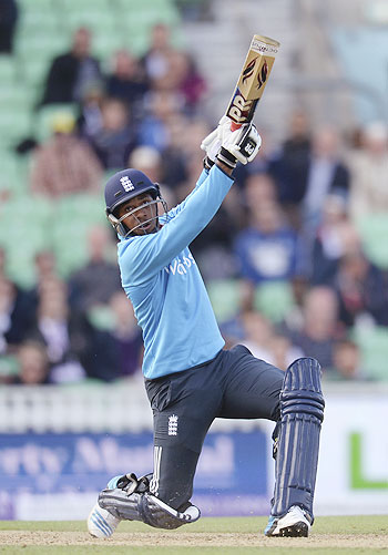 England's Chris Jordan hits a six during the 1st One-Day International against Sri Lanka at the Oval cricket ground in London on Thursday