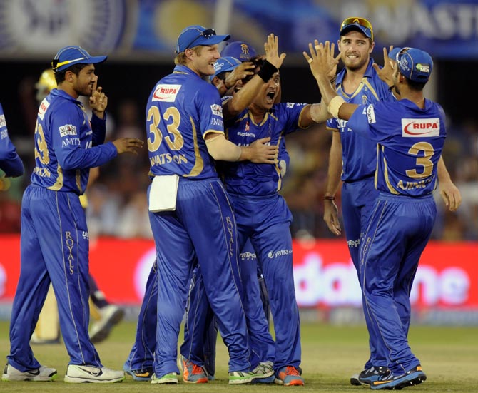 Rajasthan Royals players celebrate a wicket