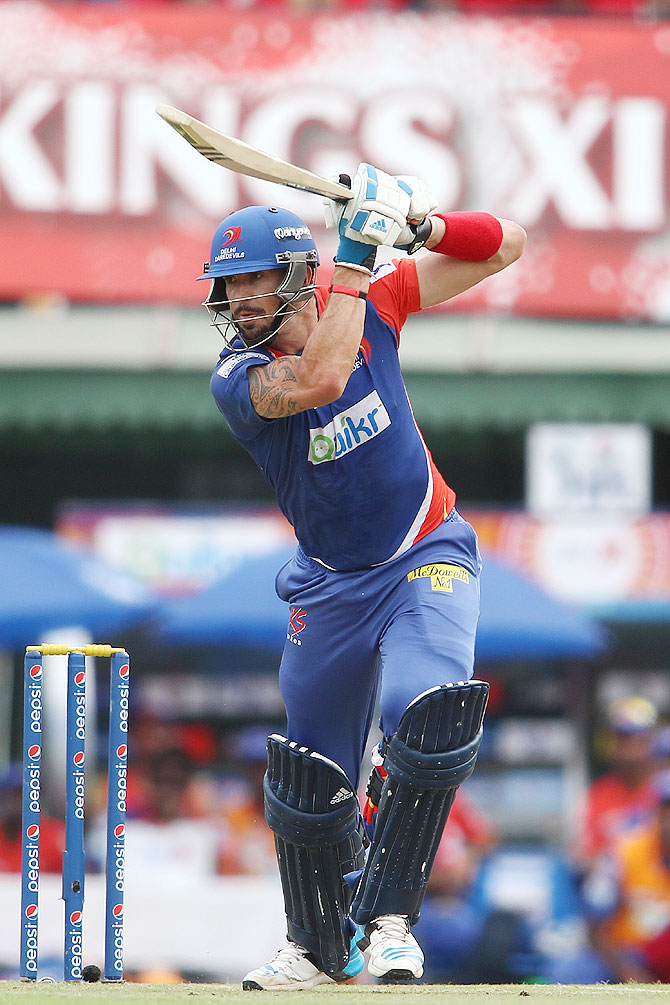 Kevin Pietersen captain of the Delhi Daredevils plays a drive into the covers during match against Kings XI Punjab