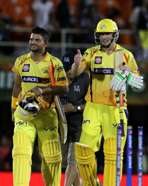 David Hussey and Suresh Raina react after winning the game for Chennai