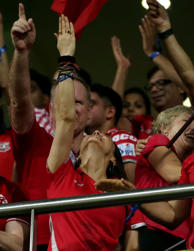 Preity Zinta and her supporters in the stands at the Wankhede celebrate.