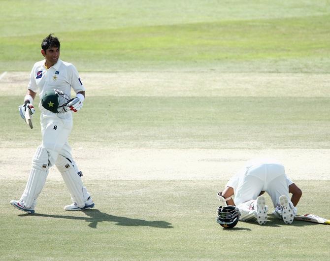 Misbah-ul-Haq and Azhar Ali of Pakistan celebrate