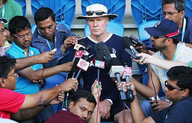 Greg Chappell of India speaks to the media