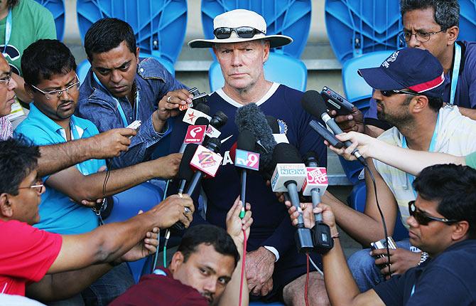 Greg Chappell of India speaks to the media