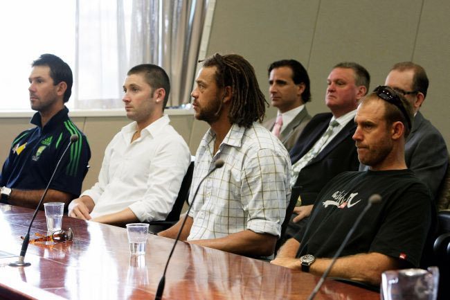 (L-R) Australian players Ricky Ponting, Michael Clarke, Andrew Symonds and Matthew Hayden are seen prior to the start of the appeal hearing against a three-match ban imposed on Indian cricketer Harbhajan Singh by the ICC at the Adelaide Federal Court