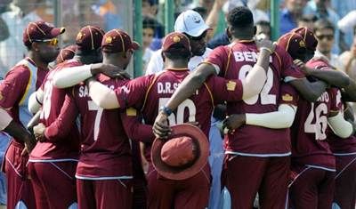 The West Indies players in a huddle