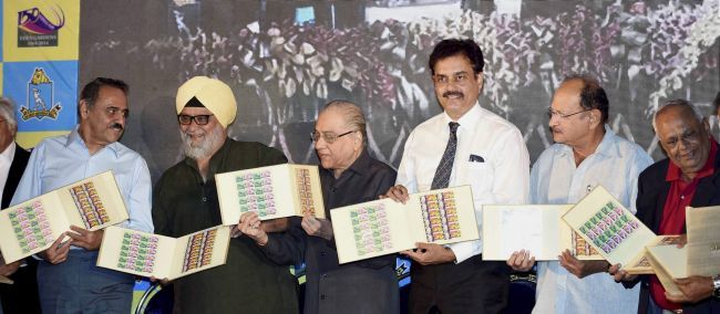 Bhagwat Chandrasekhar, left, with Bishan Singh Bedi, the late Jagmohan Dalmiya, Dilip Vengsarkar, the late Ajit Wadekar and Erapalli Prasanna at an event to release a postal stamp to commemorate 150 years of Eden Gardens. Photograph: PTI