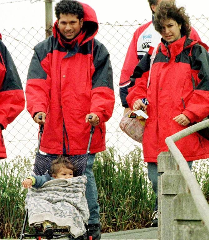 Indian batsman Sachin Tendulkar, his wife Anjali and 14-month-old daughter Sara