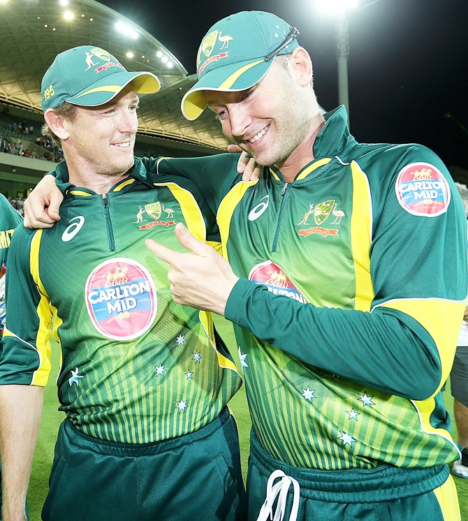 George Bailey celebrates with Michael Clarke of Australia