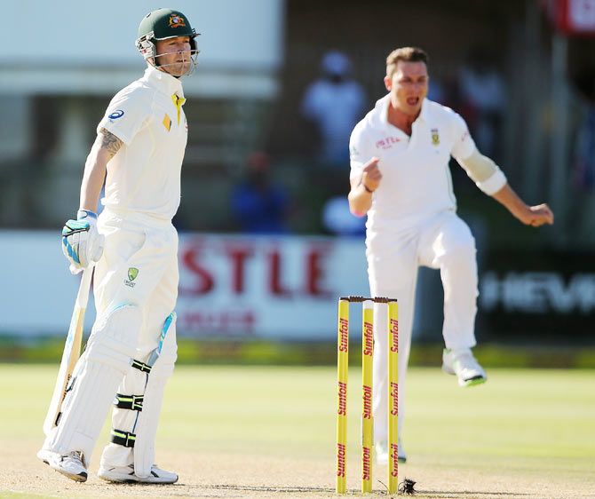 Michael Clarke of Australia looks on after getting out to Dale Steyn of South Africa