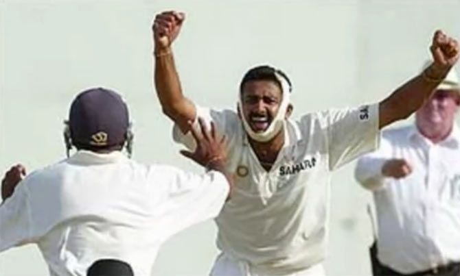 A heavily bandaged Anil Kumble appeals for a wicket during the Antigua Test against West Indies in 2002