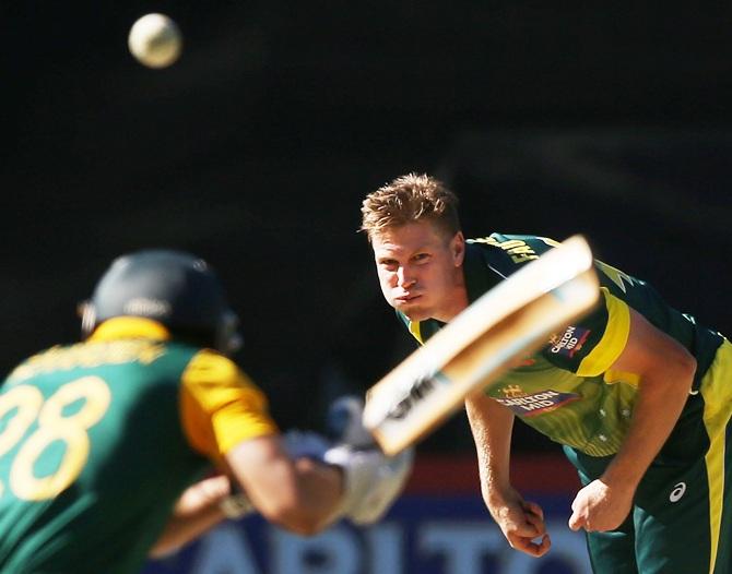 James Fawkner of Australia bowls a bouncer