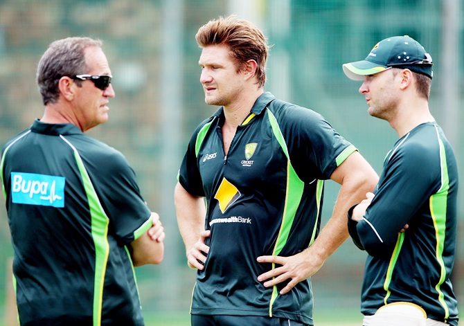 Team Doctor, Peter Brukner, Shane Watson and Captain Michael Clarke