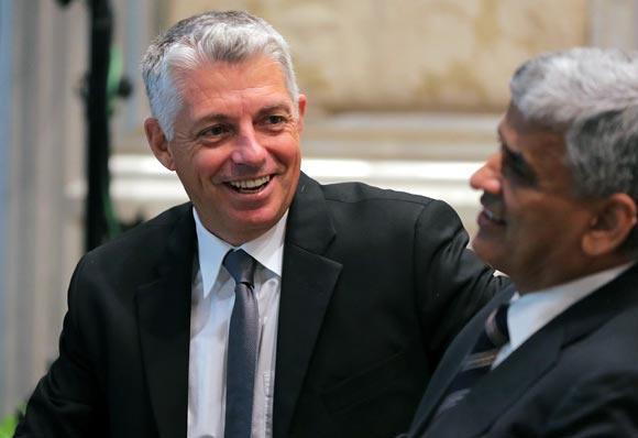  David Richardson, Chief Executive Officer of International Cricket Council (left) with BCCI secretary Sanjay Patel