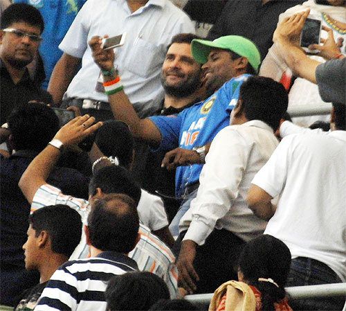 Congress vice-president Rahul Gandhi takes selfies at the Wankhede during Sachin Tendulkar's final Test match