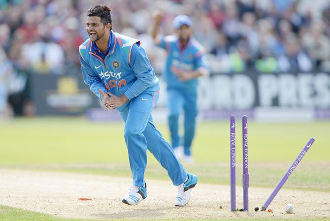 Suresh Raina of India celebrates the run out of Ian Bell of England during the 3rd One-Day International at Trent Bridge on Saturday