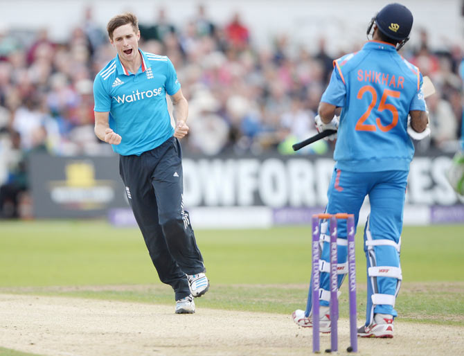 The dangerous Chris Woakes dismisses Shikhar Dhawan during the 3rd ODI at Trent Bridge, September 2014. Photograph: Gareth Copley/Getty Images