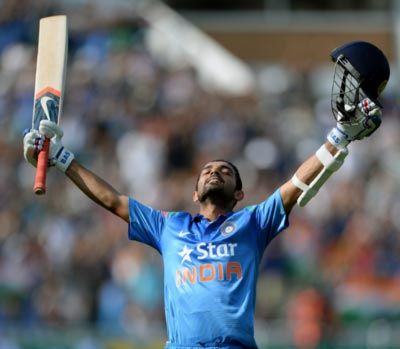 India opener Ajinkya Rahane celebrates reaching his century during the fourth One-Day International at Edgbaston, Birmingham