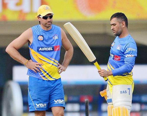 Chennai Super Kings coach Stephen Fleming with team captain Mahendra Singh Dhoni