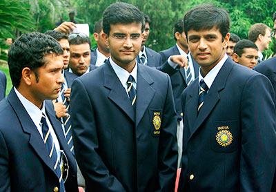 Sourav Ganguly, centre, with Sachin Tendulkar and Rahul Dravid