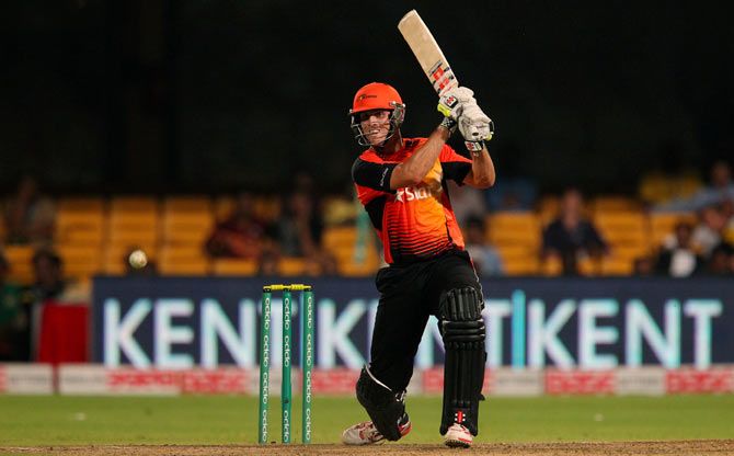 Perth Scorchers' Mitchell Marsh hits out during the CLT20 match against Lahore Lions