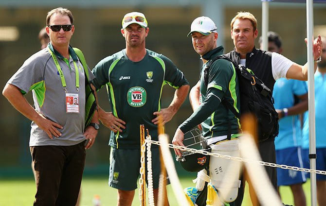 (Left to right): Australia selector Mark Waugh, Australia fielding coach Greg Blewett, Australia captain Michael Clarke and former spinner Shane Warne at a nets session