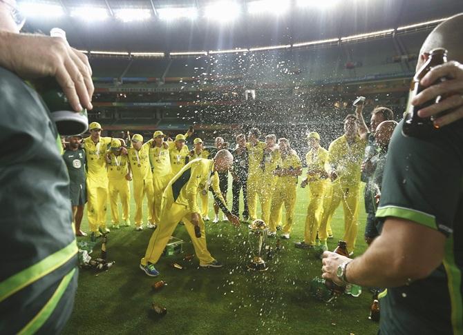 Brad Haddin of Australia leads the team song