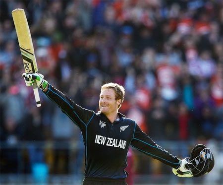 New Zealand's Martin Guptill celebrates his double century against the West Indies during the 2015 ICC Cricket World Cup at Wellington Regional Stadium