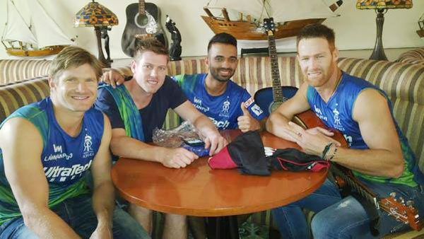 Rajasthan Royals players Shane Watson, James Faulkner, Ajinkya Rahane and Juan Theron before their team jersey launch on Monday