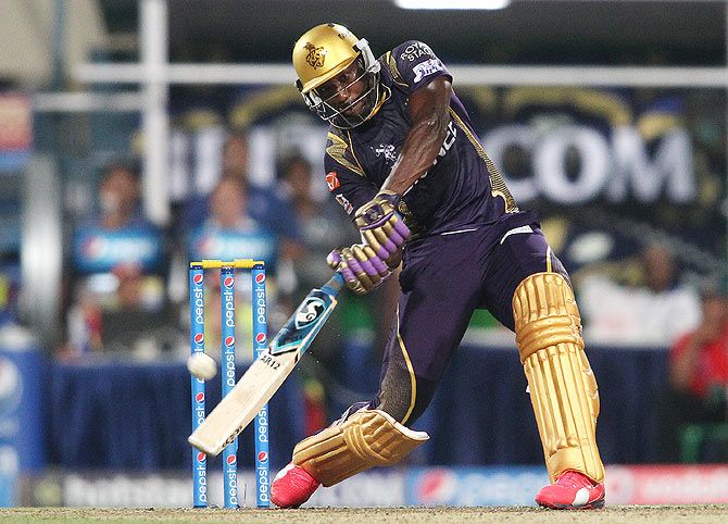 Andre Russell of the Kolkata Knight Riders pummels the ball to the boundary during their IPL match against the Royal Challengers Bangalore at Eden Gardens in Kolkata, on Saturday