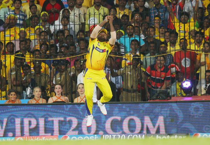 Dwayne Smith of the Chennai Superkings takes the catch to dismiss David Warner of the Sunrisers Hyderabad on Saturday