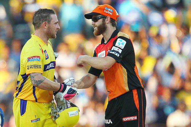 Kane Williamson of New Zealand and the Sunrisers Hyderabad congratulates his national team captain Brendon McCullum of the Chennai Superkings on his innings during their IPL match at the M. A. Chidambaram Stadium in Chennai on Saturday