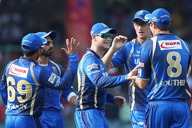 Rajasthan Royals captain Steven Smith celebrated a wicket with his players