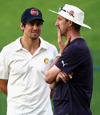 Alastair Cook talks to Yorkshire coach Jason Gillespie 