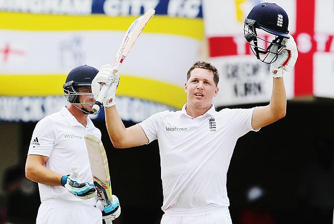 England's Gary Ballance celebrates his century