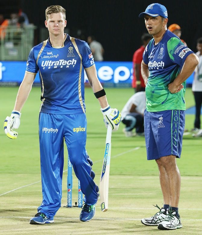Rajasthan Royals' Steven Smith, right, with mentor Rahul Dravid