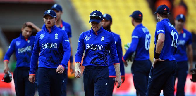 England captain Eoin Morgan leads his team off at the end of the ICC World Cup match against Sri Lanka