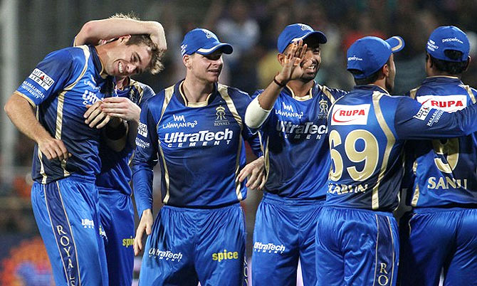 Rajasthan Royals players celebrate a wicket