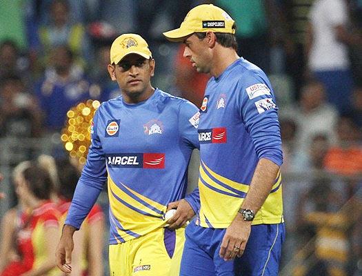 Chennai Super Kings' Mahendra Singh Dhoni with coach Stephen Fleming