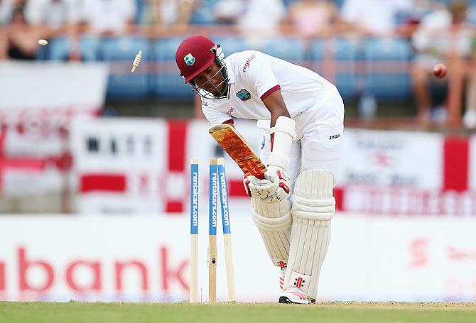 Kraigg Braithwaite is bowled by James Anderson