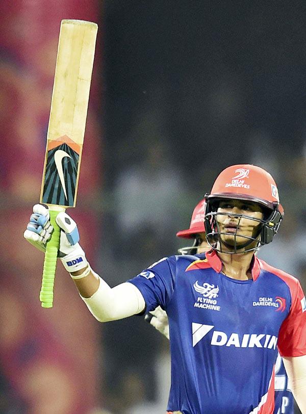 Delhi Daredavils batsman Shreyas Iyer celebrates his 50 during the IPL match against Mumbai Indians in New Delhi on Thursday