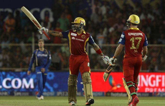 Virat Kohli of Royal Challengers Bangalore reacts after completing his half-century in the match against Rajasthan Royals. Photograph: BCCI