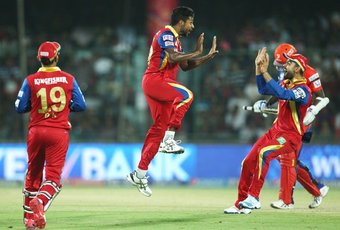 RCB's Varun Aaron celebrates a wicket with Virat Kohli